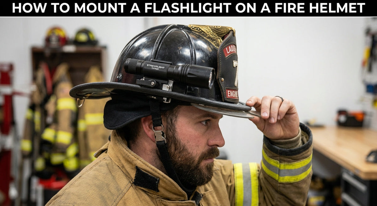 Firefighter mounting a flashlight on a black fire helmet brim