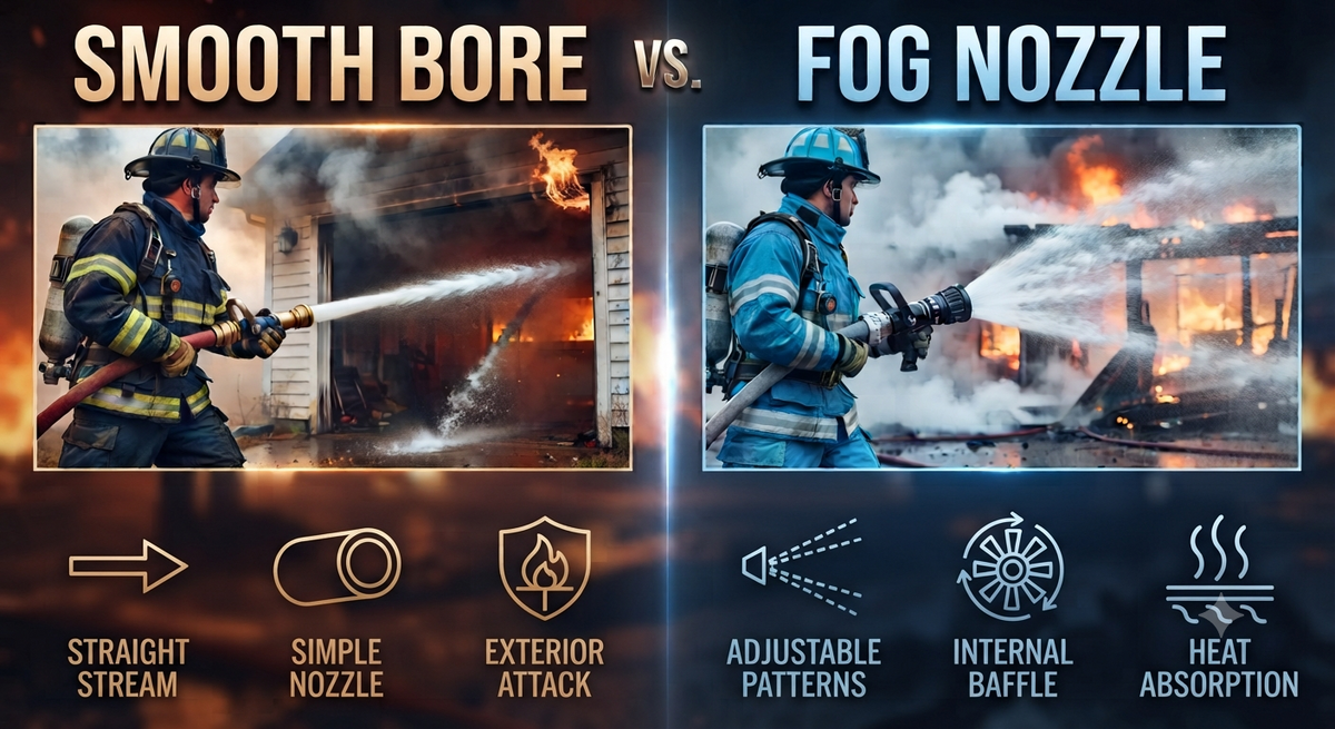 Smooth bore vs. fog nozzle comparison of fire stream patterns