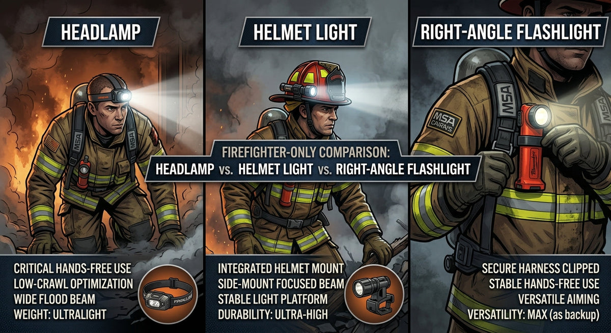 Firefighter helmet light vs. right-angle flashlight vs. headlamp comparison