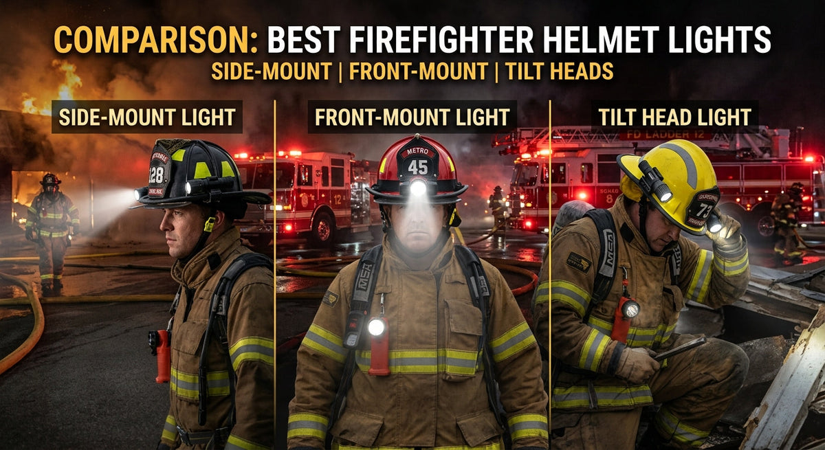 Firefighters wearing side-mount, front-mount and tilt-head helmet lights compared