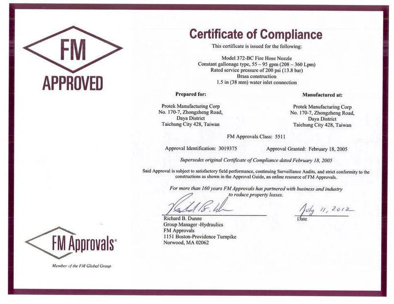 Fire Hose Nozzles Direct Nozzles Fire_Safety_USA 1-1/2" Brass Constant Gallonage Nozzle 60, 95, or 125 GPM (Preset to 95 GPM)